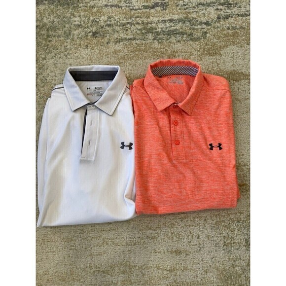 Under Armour SET (2) XL Loose Heatgear Short Sleeve Polo Collared Orange White - Picture 1 of 13